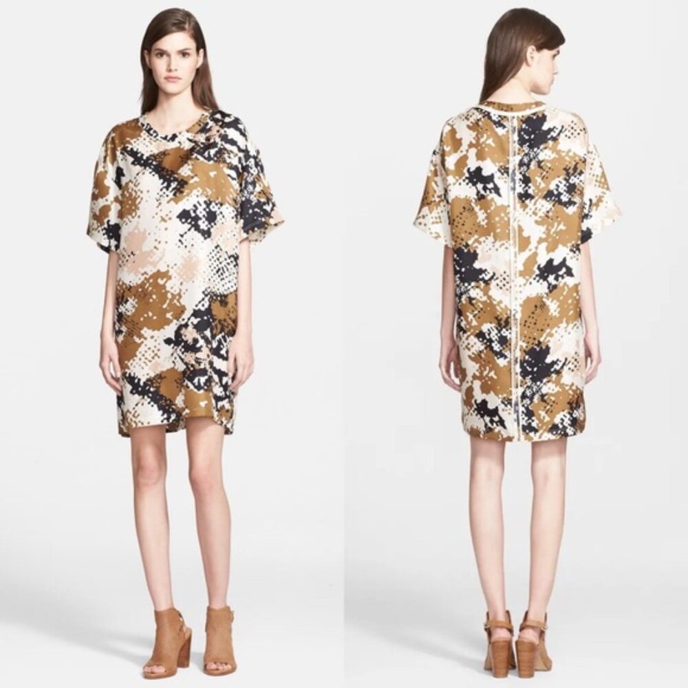 Rag & Bone Chester 100% Silk Camo Large Women's USA Oversized T-Shirt Dress EUC